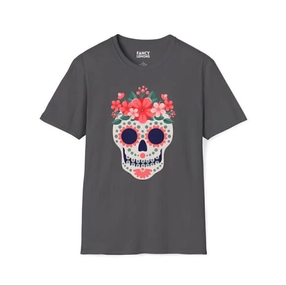 🍋 Fancy Lemons • Mexican Sugar Skull Floral Calavera Unisex Softstyle T-Shirt L - Picture 1 of 4